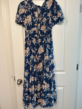 Blu Pepper Navy Blue Floral Maxi Dress with Beige Flowers